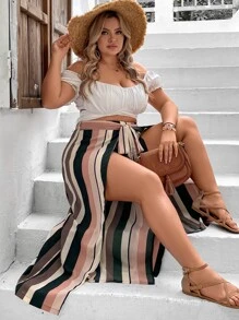 SHEIN VCAY Plus Striped Print Tie Front Split Thigh Wide Leg Trousers - Multicolor - View 4