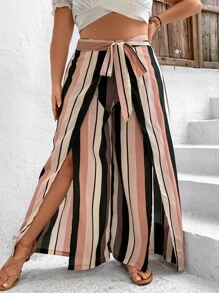 SHEIN VCAY Plus Striped Print Tie Front Split Thigh Wide Leg Trousers - Multicolor - View 5