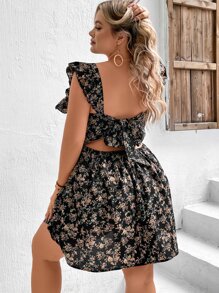 SHEIN VCAY Đầm Plus Size Lộ Lưng Xù Buộc lại Hoa Họa tiết hoa Tất cả trên in Boho - màu đen - Xem 1