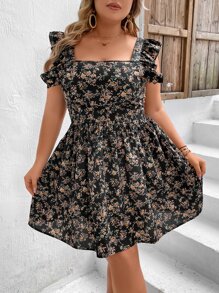 SHEIN VCAY Đầm Plus Size Lộ Lưng Xù Buộc lại Hoa Họa tiết hoa Tất cả trên in Boho - màu đen - Xem 2