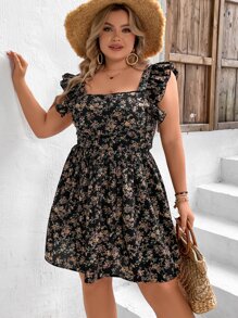 SHEIN VCAY Đầm Plus Size Lộ Lưng Xù Buộc lại Hoa Họa tiết hoa Tất cả trên in Boho - màu đen - Xem 4