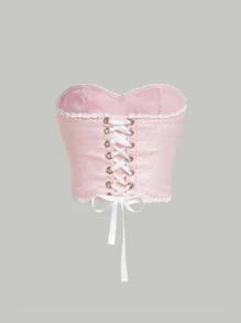 SHEIN MOD Jacquard Lace Up Back Tube Top,Tie Back - Baby Pink - View 2