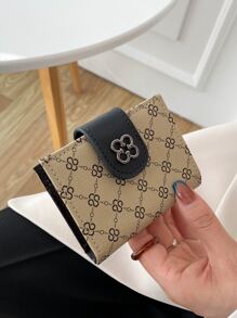 Billetera pequeña portátil plegable para mujer con soporte para tarjetas gráficas geométricas, ideal para llevar efectivo y destinada a mujeres jóvenes, estudiantes, trabajadoras de oficina y conmemoraciones especiales como cumpleaños y día de San Valentín. - Beis - Ver 1