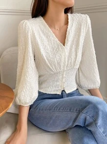 DAZY Women's Business Casual Solid Color Fitted Textured V-Neck Mid-Sleeve Blouse - Beige - View 1