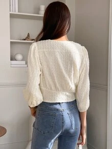 DAZY Women's Business Casual Solid Color Fitted Textured V-Neck Mid-Sleeve Blouse - Beige - View 2