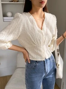 DAZY Women's Business Casual Solid Color Fitted Textured V-Neck Mid-Sleeve Blouse - Beige - View 3