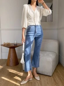 DAZY Women's Business Casual Solid Color Fitted Textured V-Neck Mid-Sleeve Blouse - Beige - View 5