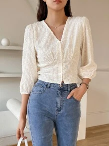 DAZY Women's Business Casual Solid Color Fitted Textured V-Neck Mid-Sleeve Blouse - Beige - View 8