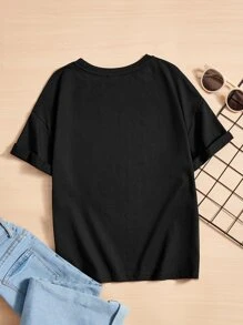 SHEIN Leap Crew Teen Girl Cartoon & Slogan Graphic Drop Shoulder Tee