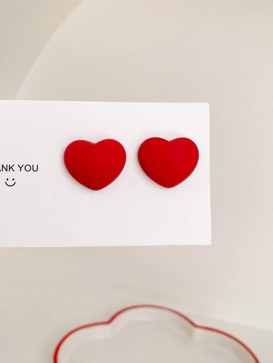 Heart Stud Earrings - Red - View 1