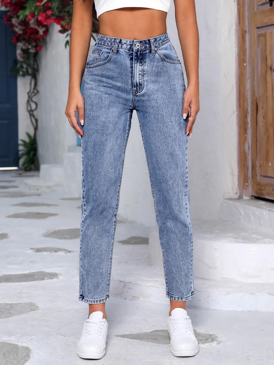 Slant Pocket Mom Fit Jeans - Light Wash - View 1