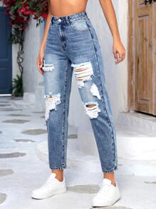 Ripped Mom Fit Jeans - Medium Wash - View 3