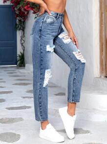 Ripped Mom Fit Jeans - Medium Wash - View 5