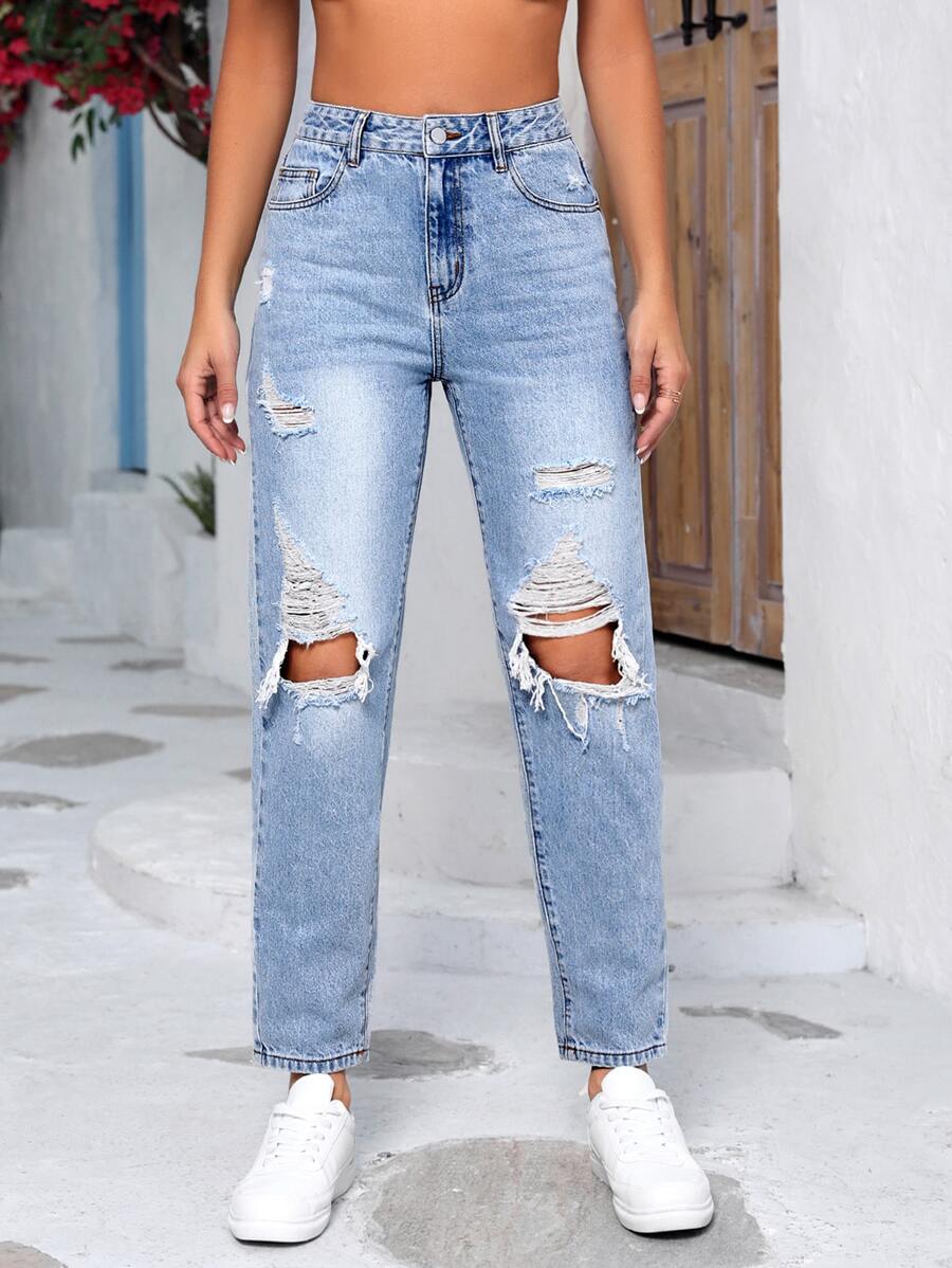 Jeans ajustados mom desgarro de talle alto - Lavado ligero - Ver 1