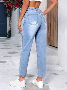 Jeans ajustados mom desgarro de talle alto - Lavado ligero - Ver 2