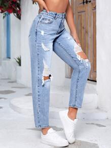 Jeans ajustados mom desgarro de talle alto - Lavado ligero - Ver 3