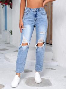 Jeans ajustados mom desgarro de talle alto - Lavado ligero - Ver 5
