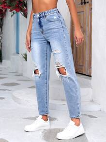 Jeans ajustados mom desgarro de talle alto - Lavado ligero - Ver 6