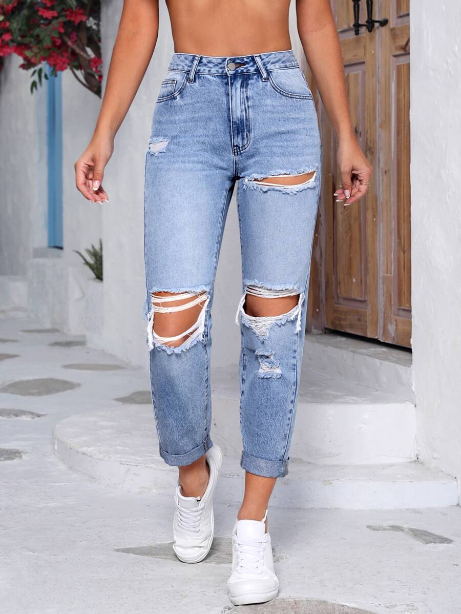 Ripped Mom Fit Jeans - Light Wash - View 1