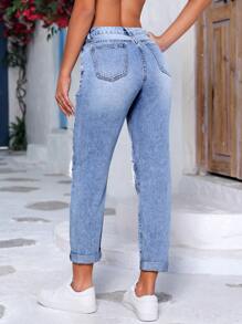 Ripped Mom Fit Jeans - Light Wash - View 2