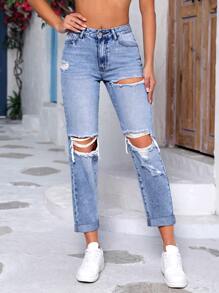 Ripped Mom Fit Jeans - Light Wash - View 3