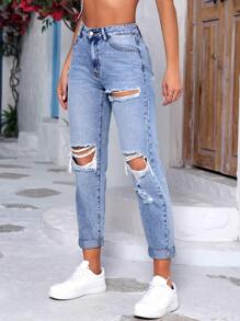 Ripped Mom Fit Jeans - Light Wash - View 5