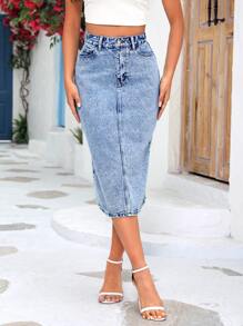 SHEIN Frenchy Split Back Denim Skirt Winter Casual - Light Wash - View 3