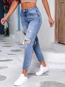 Cat Whisker Ripped Straight Leg Jeans - Medium Wash - View 4