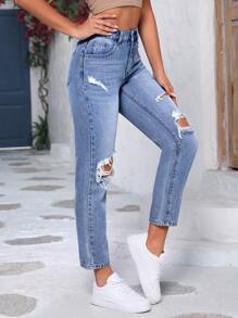 Cat Whisker Ripped Straight Leg Jeans - Medium Wash - View 5
