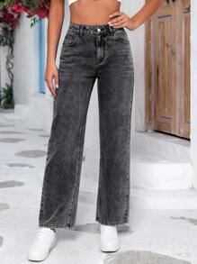 Washed Wide Leg Jeans - Dark Grey - View 1