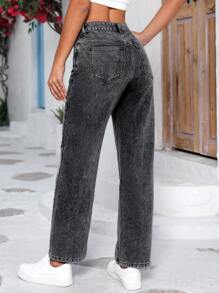 Washed Wide Leg Jeans - Dark Grey - View 2