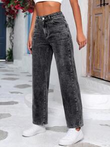 Washed Wide Leg Jeans - Dark Grey - View 3