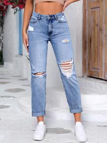 Ripped Roll Up Hem Mom Fit Jeans - Medium Wash - View 1