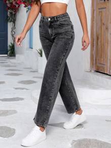 Washed Wide Leg Jeans - Dark Grey - View 4