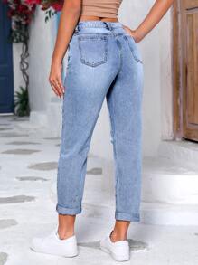 Ripped Roll Up Hem Mom Fit Jeans - Medium Wash - View 2