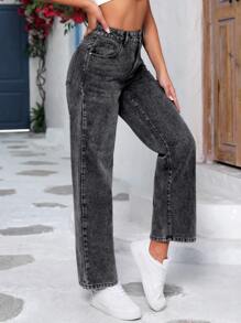 Washed Wide Leg Jeans - Dark Grey - View 5
