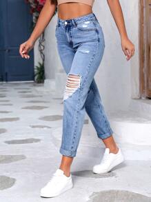 Ripped Roll Up Hem Mom Fit Jeans - Medium Wash - View 3