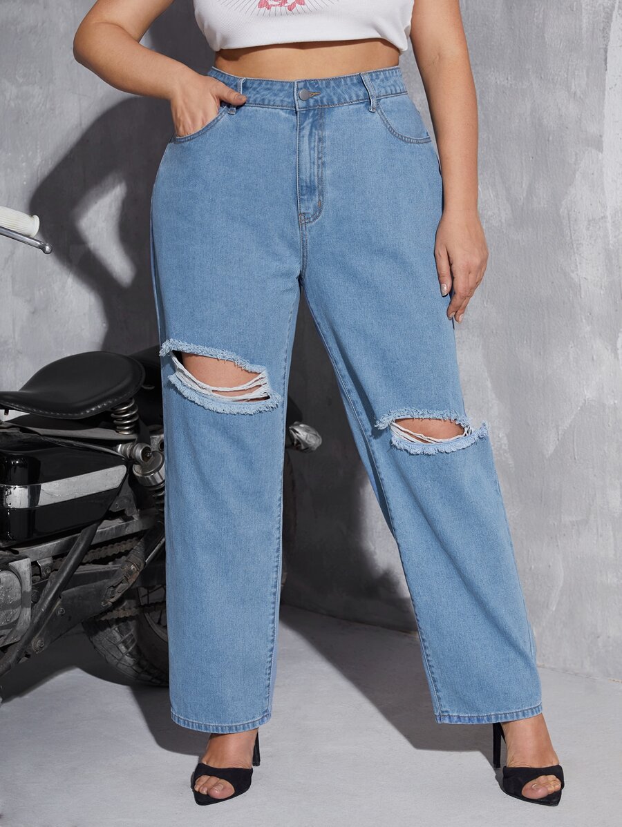 Plus High Waist Ripped Straight Leg Jeans - Light Wash - View 1