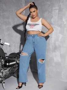 Plus High Waist Ripped Straight Leg Jeans - Light Wash - View 3
