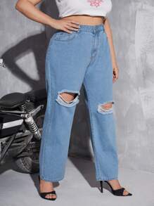 Plus High Waist Ripped Straight Leg Jeans - Light Wash - View 5
