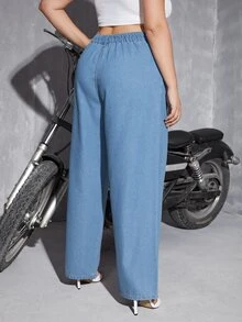 SHEIN SXY Plus High Waist Plicated Detail Wide Leg Jeans - Light Wash - View 2