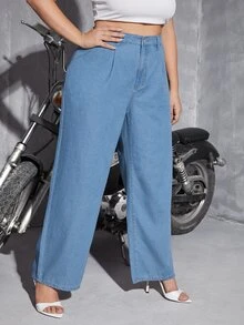SHEIN SXY Plus High Waist Plicated Detail Wide Leg Jeans - Light Wash - View 4