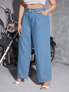 SHEIN SXY Plus High Waist Plicated Detail Wide Leg Jeans - Light Wash - View 5