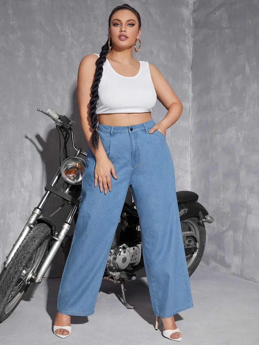 SHEIN SXY Plus High Waist Plicated Detail Wide Leg Jeans - Light Wash - View 1