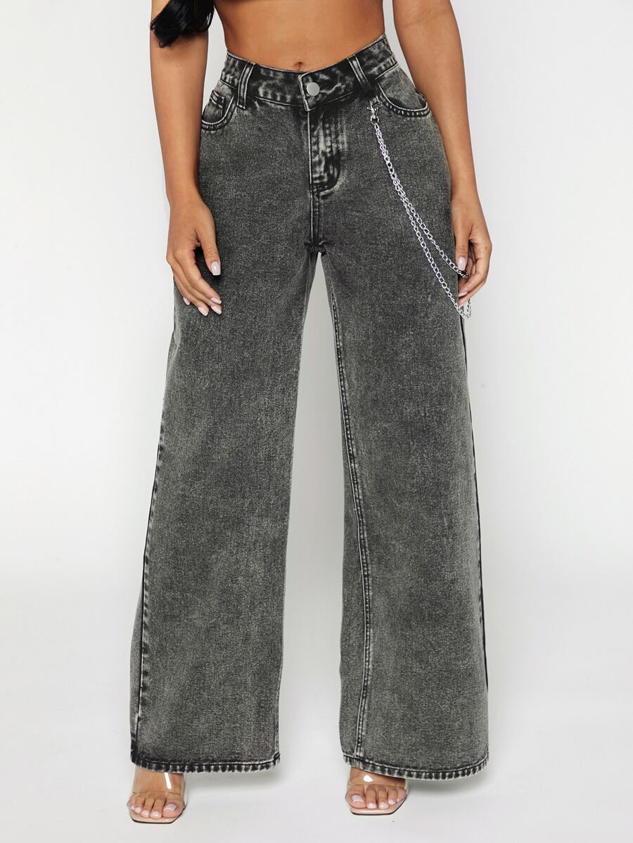 SHEIN SXY 鏈條細節闊腿牛仔褲