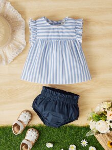 SHEIN 嬰兒女孩條紋荷葉邊蓬蓬頂部和紙袋腰短褲 - 淺藍色 - 查看 1