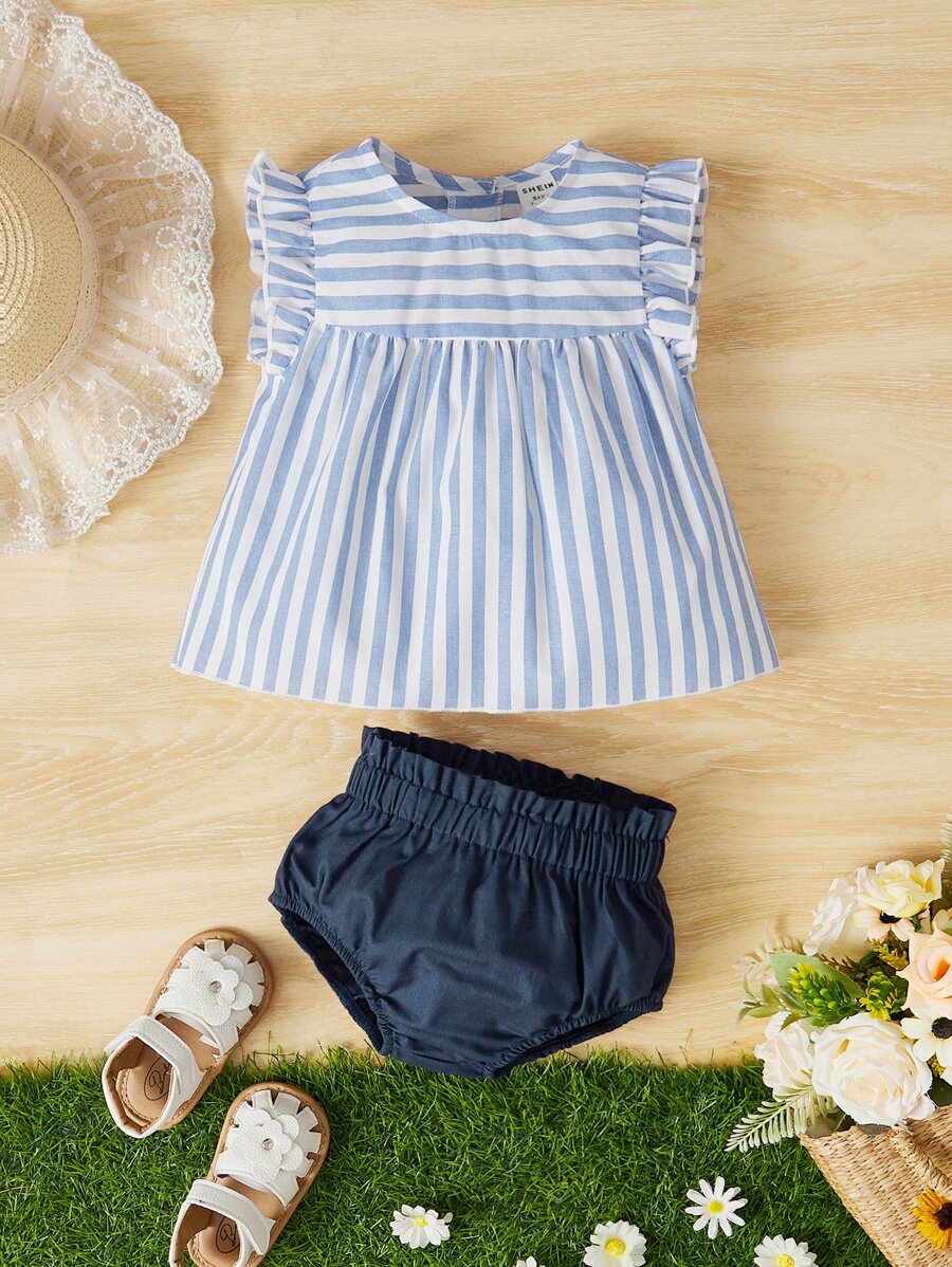 SHEIN 嬰兒女孩條紋荷葉邊蓬蓬頂部和紙袋腰短褲 - 淺藍色 - 查看 1