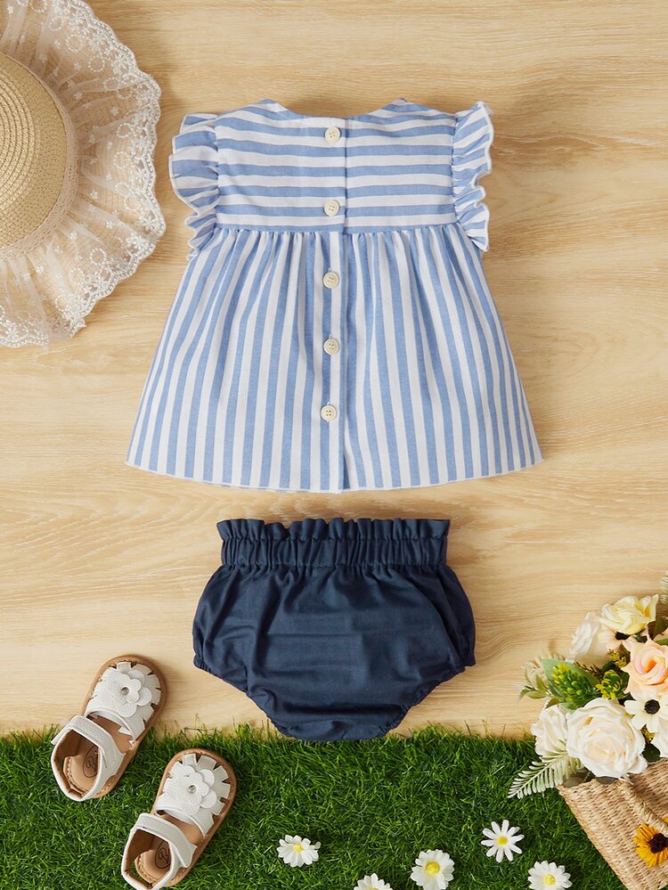 SHEIN 嬰兒女孩條紋荷葉邊蓬蓬頂部和紙袋腰短褲 - 淺藍色 - 查看 2