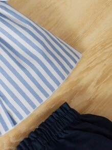 SHEIN 嬰兒女孩條紋荷葉邊蓬蓬頂部和紙袋腰短褲 - 淺藍色 - 查看 4