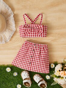SHEIN 嬰兒格子圖案前蝴蝶結吊帶上衣和半身裙 - 紅白色 - 查看 1